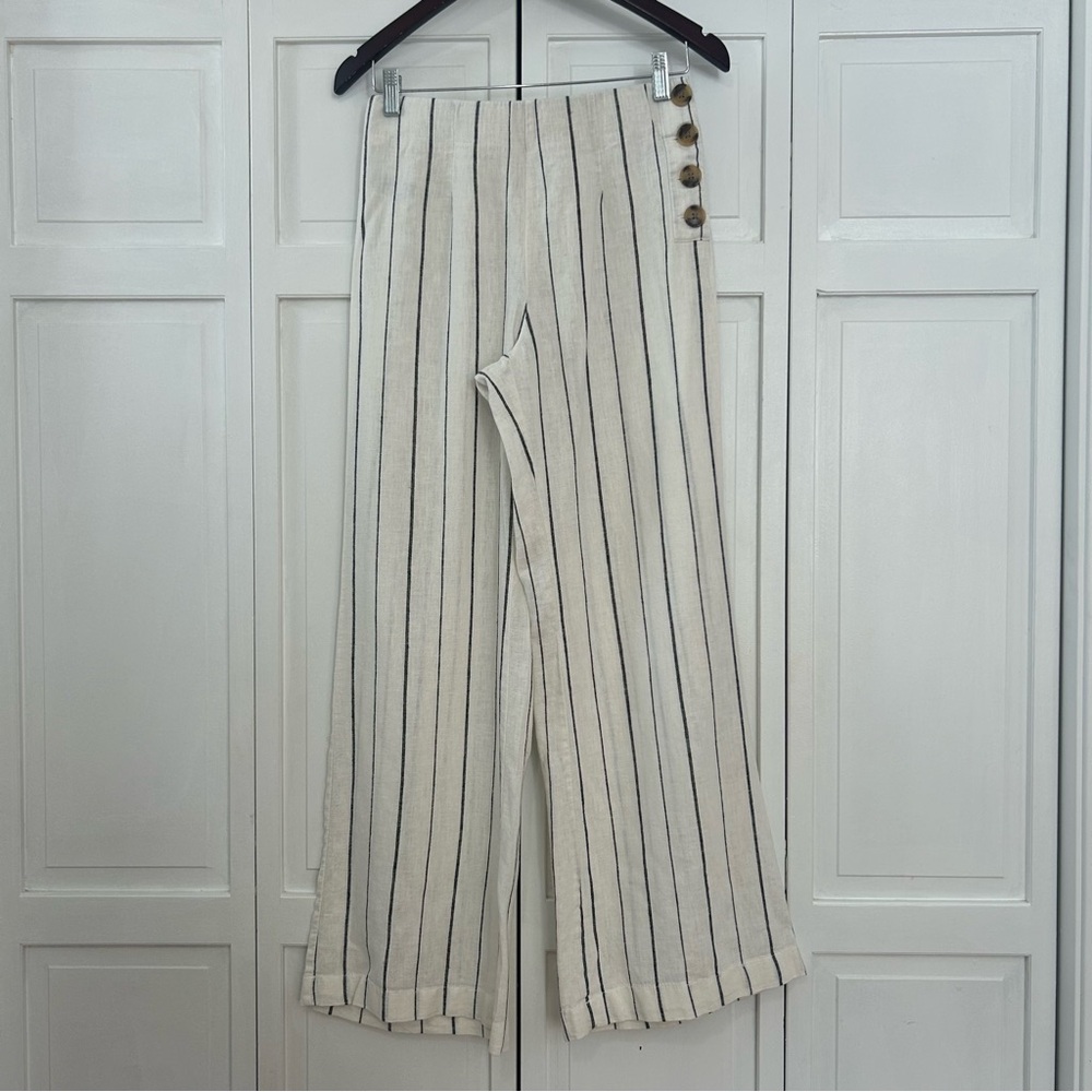 Gap Black and Off- White Striped High Rise Side Button Linen Blend Pants 4R